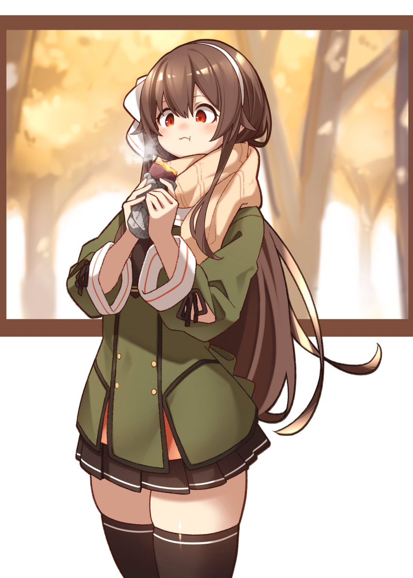 .live, 1girl, black_legwear, blurry, blurry_background, blush, brown_hair, commentary_request