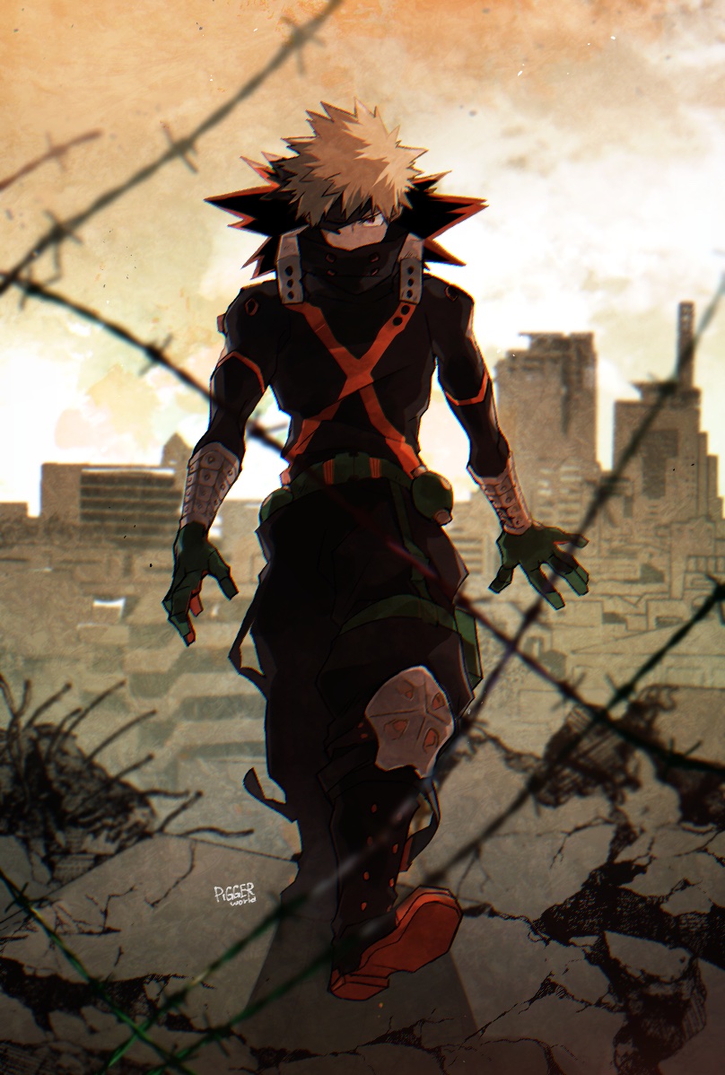 1boy, alternate_costume, artist_name, baggy_pants, bakugou_katsuki, belt, black_footwear, black_gloves