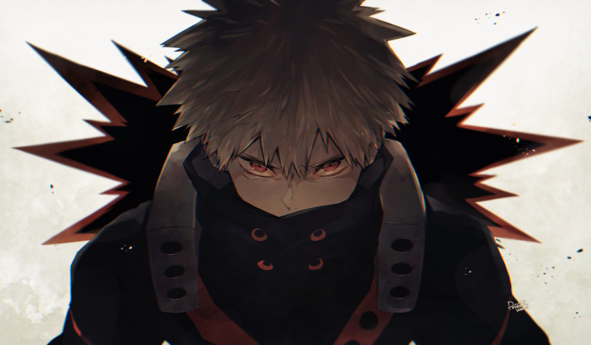 1boy, artist_name, bakugou_katsuki, bangs, black_bodysuit, blonde_hair, bodysuit, boku_no_hero_academia, covered_mouth, hair_between_eyes, hair_ornament, highres, looking_at_viewer, male_focus, red_bodysuit, red_eyes, ryo_(piggerworld), serious, short_hair, solo, spiky_hair, upper_body