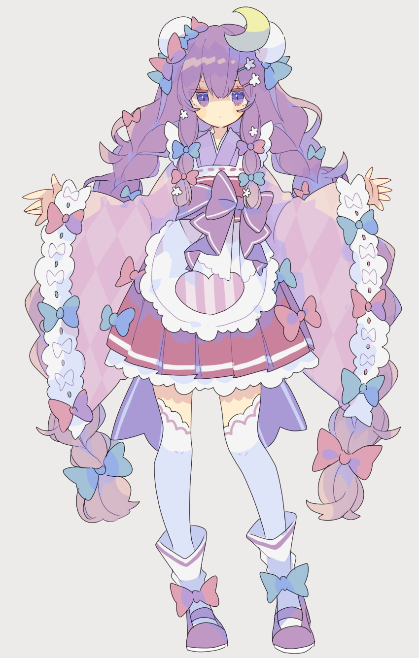 1girl, alternate_costume, alternate_hairstyle, apron, argyle_kimono, blue_bow, bow, braid