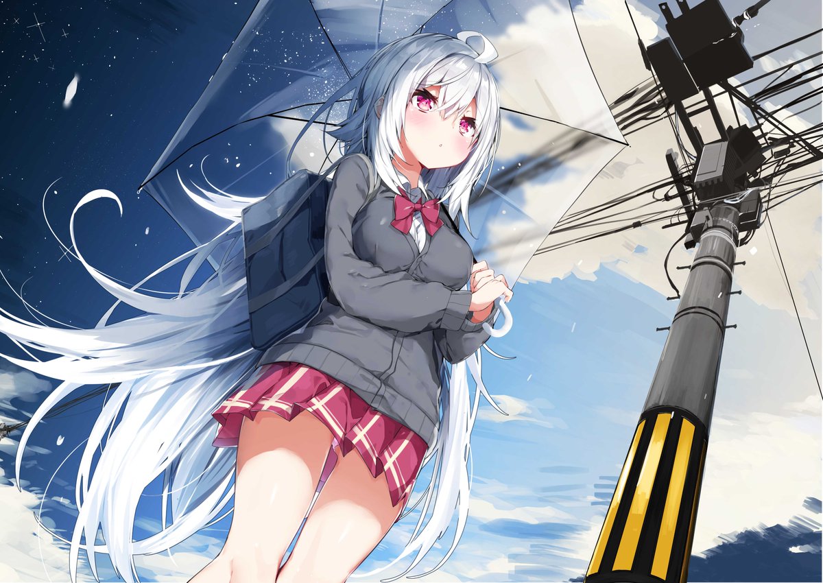 1girl, ahoge, ass_visible_through_thighs, bag, bangs, blue_sky, breasts, cardigan