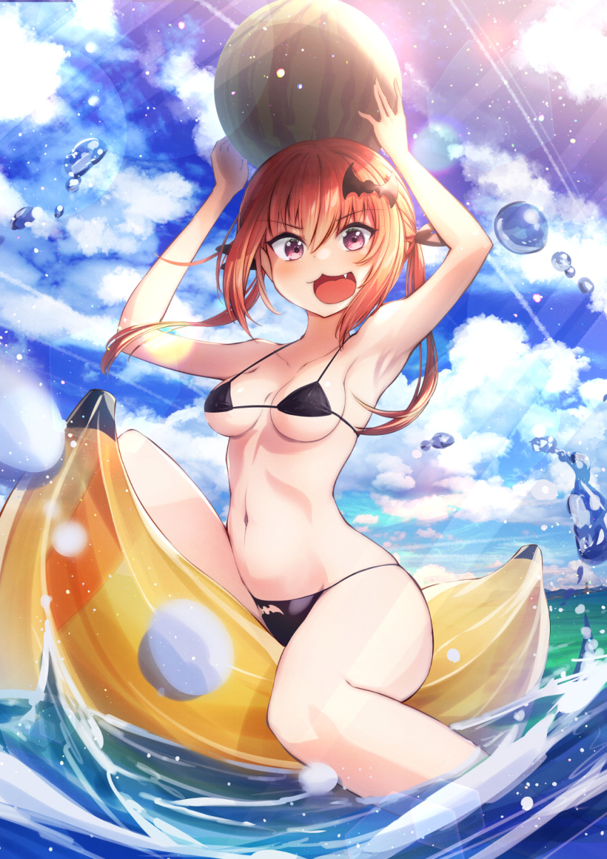>:3, 1girl, :3, alternate_costume, armpits, arms_up, banana_boat, bangs