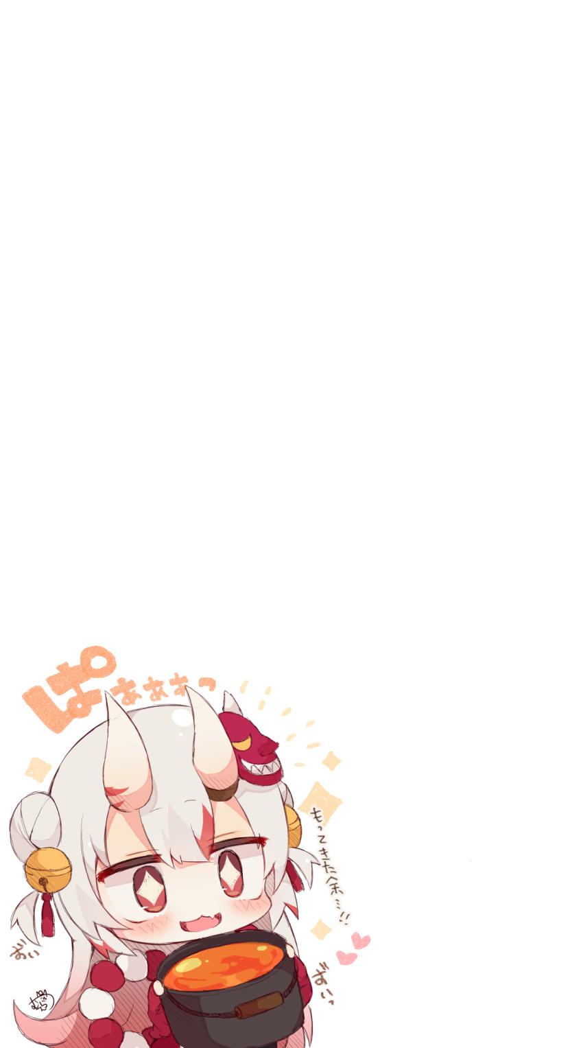 +_+, 1girl, bangs, bell, blush, bucket, bucket_of_lava, chibi, commentary_request, double_bun, eyebrows_visible_through_hair, fang, hair_bell, hair_between_eyes, hair_ornament, highres, holding, holding_bucket, hololive, horns, long_hair, looking_at_viewer, mask, mask_on_head, muuran, nakiri_ayame, negative_space, oni_horns, oni_mask, open_mouth, sidelocks, signature, simple_background, skin_fang, solo, translation_request, virtual_youtuber, white_background, white_hair