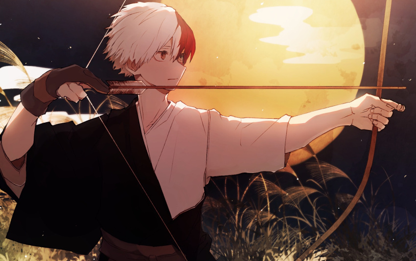 1boy, archery, arrow_(projectile), bangs, blue_eyes, boku_no_hero_academia, bow_(weapon), brown_gloves