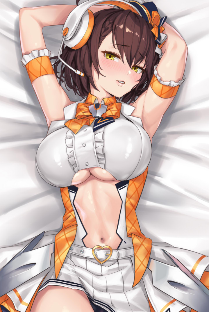 1girl, armpits, arms_behind_head, azur_lane, baltimore_(azur_lane), baltimore_(muse)_(azur_lane), bangs, black_panties, blush, bow, braid, breasts, brown_hair, center_opening, clothing_cutout, cuboon, eyebrows_visible_through_hair, hair_between_eyes, hat, head_tilt, idol, large_breasts, looking_at_viewer, lying, mini_hat, navel, on_back, open_mouth, orange_bow, panties, pantyshot, parted_lips, short_hair, sleeveless, stomach, under_boob, underboob_cutout, underwear, yellow_eyes