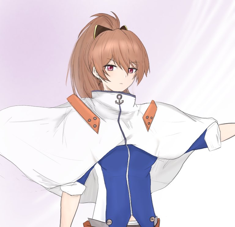 1girl, arestanourawaza, azur_lane, bow, brown_hair, capelet, cleveland_(azur_lane), cleveland_(azur_lane)_(cosplay), commentary_request, cosplay, earrings, hair_bow, high_ponytail, jean_bart_(azur_lane), jewelry, red_eyes, short_sleeves, upper_body, white_capelet
