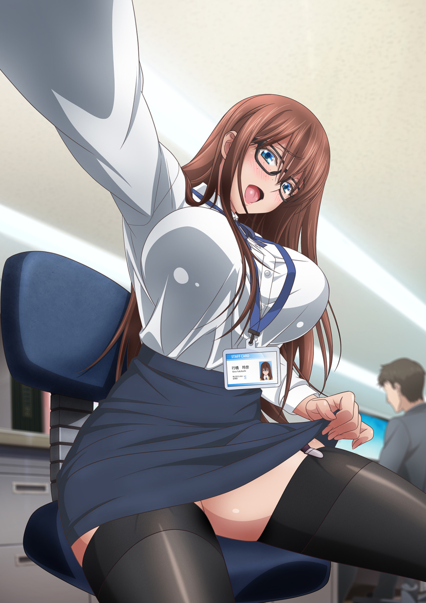 1boy, 1girl, bangs, black_legwear, blue_eyes, blue_skirt, breasts, brown_hair