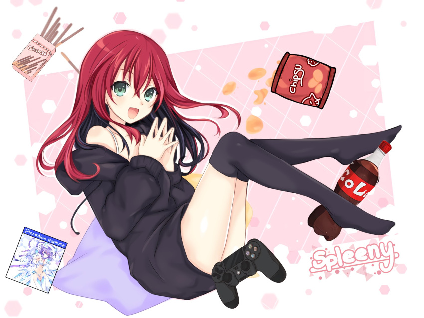 1girl, black_dress, black_hair, black_legwear, black_skirt, chips, cola, controller