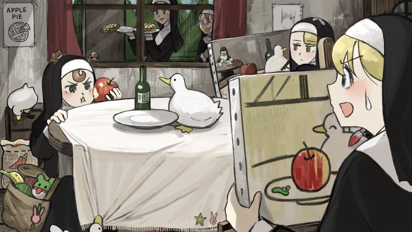 5girls, animal_on_head, apple, apple_pie, bag, banana, bandaid, bandaid_on_head, bird, blonde_hair, blue_eyes, bottle, brown_eyes, brown_hair, catholic, chicken, chili_powder, commentary, curtains, diva_(hyxpk), doll, door, drawer, drawing, dropping, duck, eating, english_commentary, food, frog, fruit, glasses, habit, hand_on_table, highres, holding, holding_food, holding_paintbrush, holding_pencil, holding_plate, looking_down, looking_to_the_side, mouth_pull, multiple_girls, nun, on_head, open_mouth, original, ostrich, paintbrush, peeking_out, pencil, pillar, plate, poster_(object), puffy_cheeks, pulling, rabbit, rain, sack, spread_wings, star_(symbol), sweatdrop, tablecloth, tree, triangle_mouth, under_table, window, worms, yarn, yarn_ball