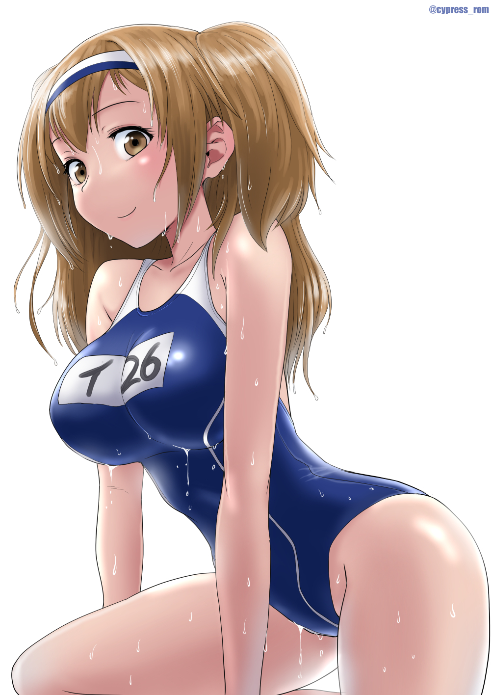 1girl, breasts, brown_eyes, clothes_writing, collarbone, cypress, eyebrows_visible_through_hair, hair_ribbon, hairband, highres, i-26_(kantai_collection), kantai_collection, large_breasts, light_brown_eyes, light_brown_hair, long_hair, looking_at_viewer, name_tag, new_school_swimsuit, one-piece_swimsuit, ribbon, school_swimsuit, sitting, solo, swimsuit, twitter_username, two-tone_hairband, two_side_up, wariza, wet, wet_clothes, wet_swimsuit
