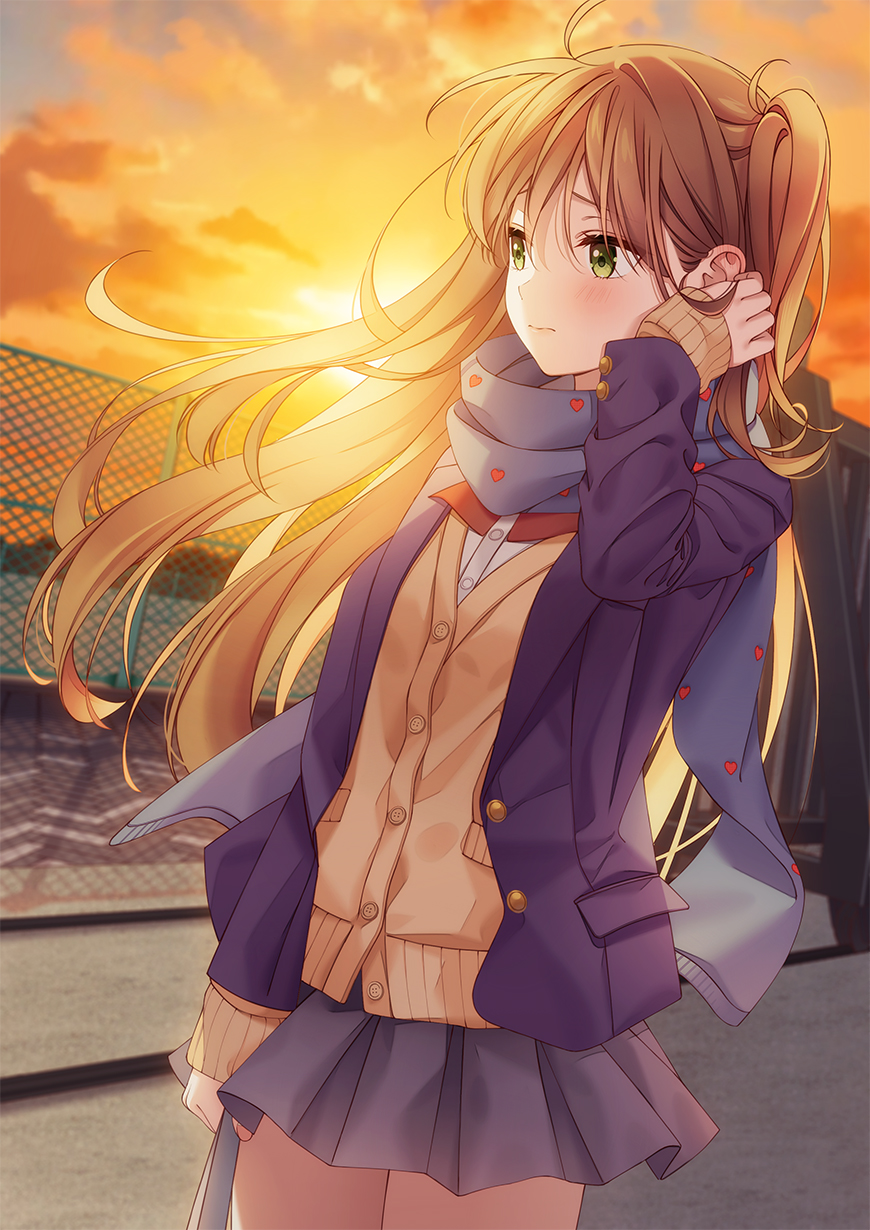 1girl, adachi_to_shimamura, arm_at_side, blue_scarf, brown_hair, fence, green_eyes, grey_skirt, hand_up, highres, jacket, long_hair, one_side_up, outdoors, scarf, school_uniform, shimamura_uzuki, skirt, solo, standing, sunset, unjem