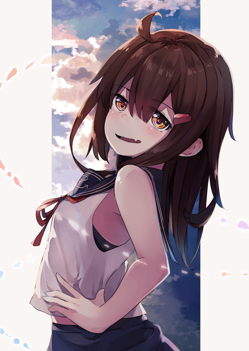 1girl, alternate_hair_length, alternate_hairstyle, alternate_sleeve_length, anchor_symbol, black_sailor_collar, black_skirt, blue_sky