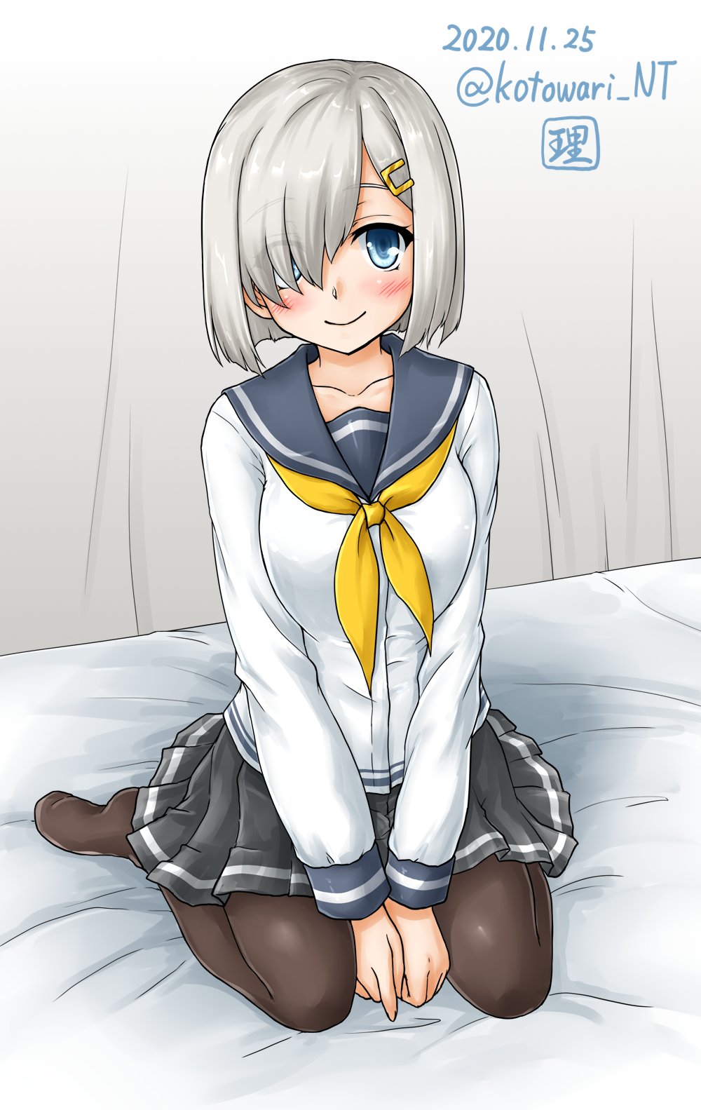 1girl, alternate_sleeve_length, artist_logo, black_legwear, blue_eyes, breasts, dated, grey_sailor_collar