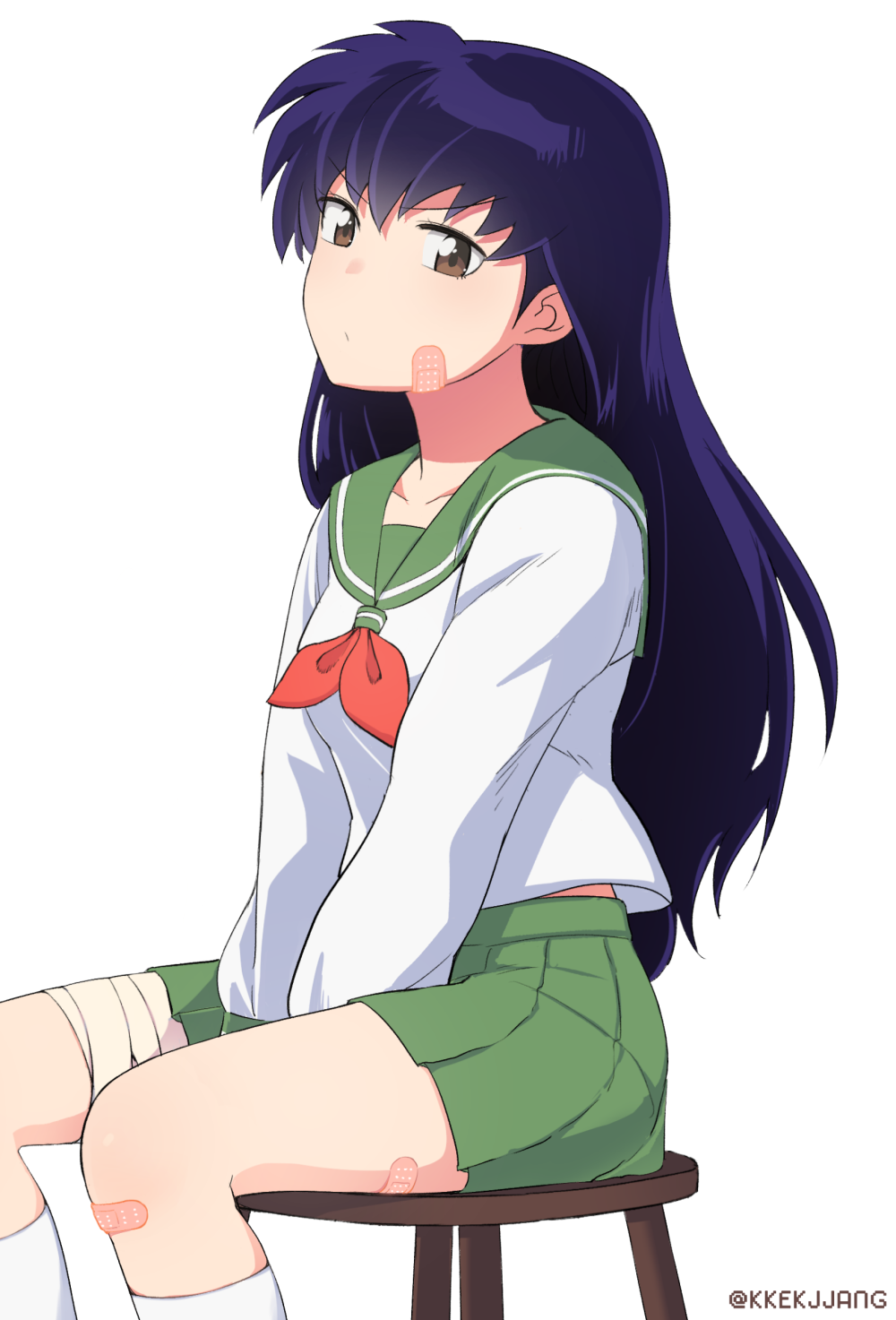 1girl, bandaged_leg, bandages, bandaid, bandaid_on_cheek, bandaid_on_knee, bandaid_on_leg, brown_eyes
