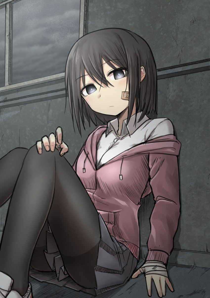1girl, absurdres, bandaid, bandaid_on_cheek, black_legwear, bob_cut, bright_pupils, brown_hair