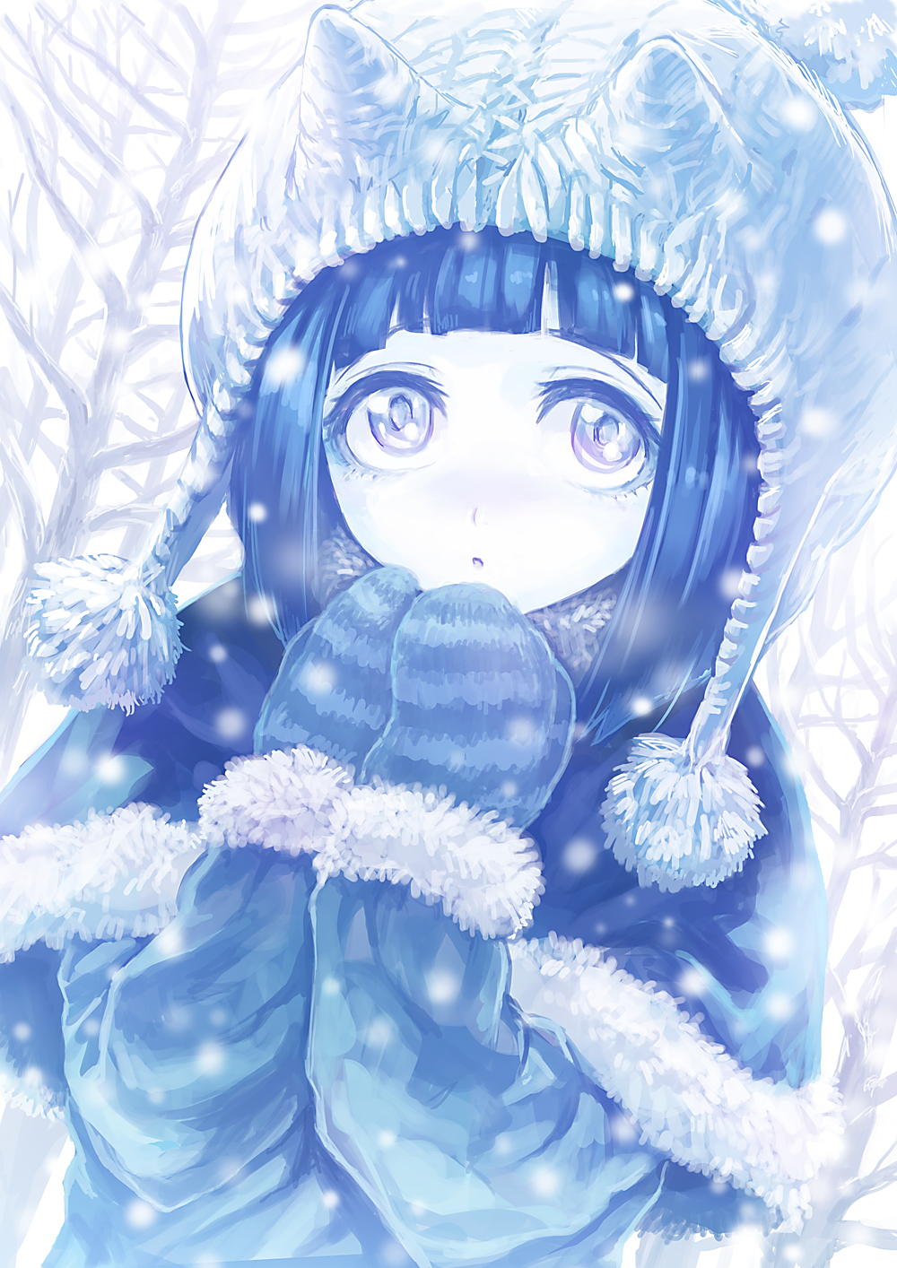 1girl, :o, bare_tree, blue_capelet, blue_coat, blue_hair, blue_mittens, blue_theme, capelet, coat, covered_horns, fur-trimmed_capelet, fur_trim, guchico, hands_up, highres, horns, long_sleeves, looking_at_viewer, mittens, oni, original, pale_skin, parted_lips, snow, solo, tree, upper_body, winter_clothes, winter_coat