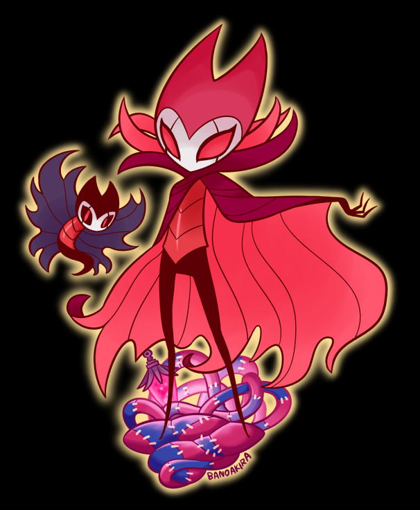 2others, aura, bano_akira, black_background, bug, cloak, embers, fire, flying, full_body, grimm_(hollow_knight), grimmchild, hollow_knight, insect, lantern, looking_at_another, looking_at_viewer, multiple_others, no_humans, open_cloak, open_clothes, outstretched_arm, pink_fire, red_cloak, red_eyes, signature, slit_pupils, standing, stitches, vampire, widow's_peak