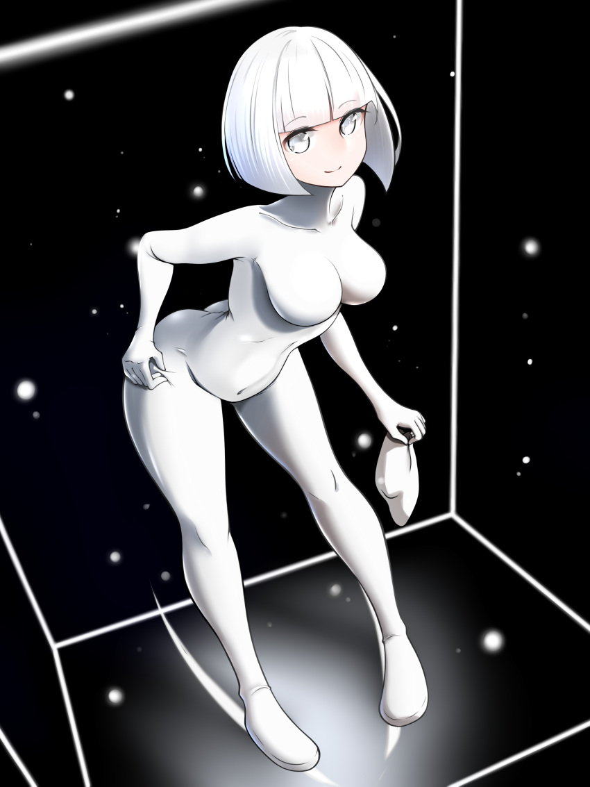 1girl, absurdres, black_background, bob_cut, bodysuit, breasts, collarbone, commentary_request