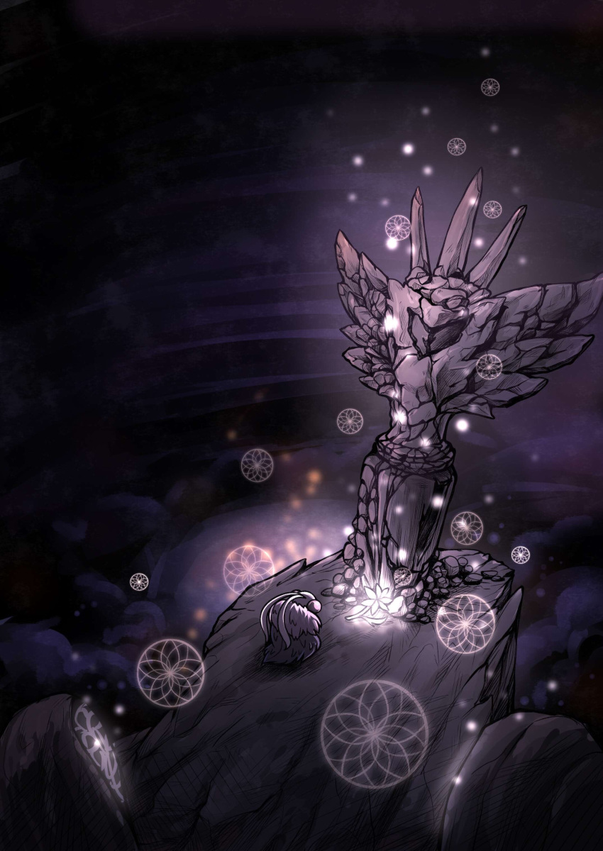 1other, absurdres, bug, cliff, dream_catcher, flower, from_behind, glowing
