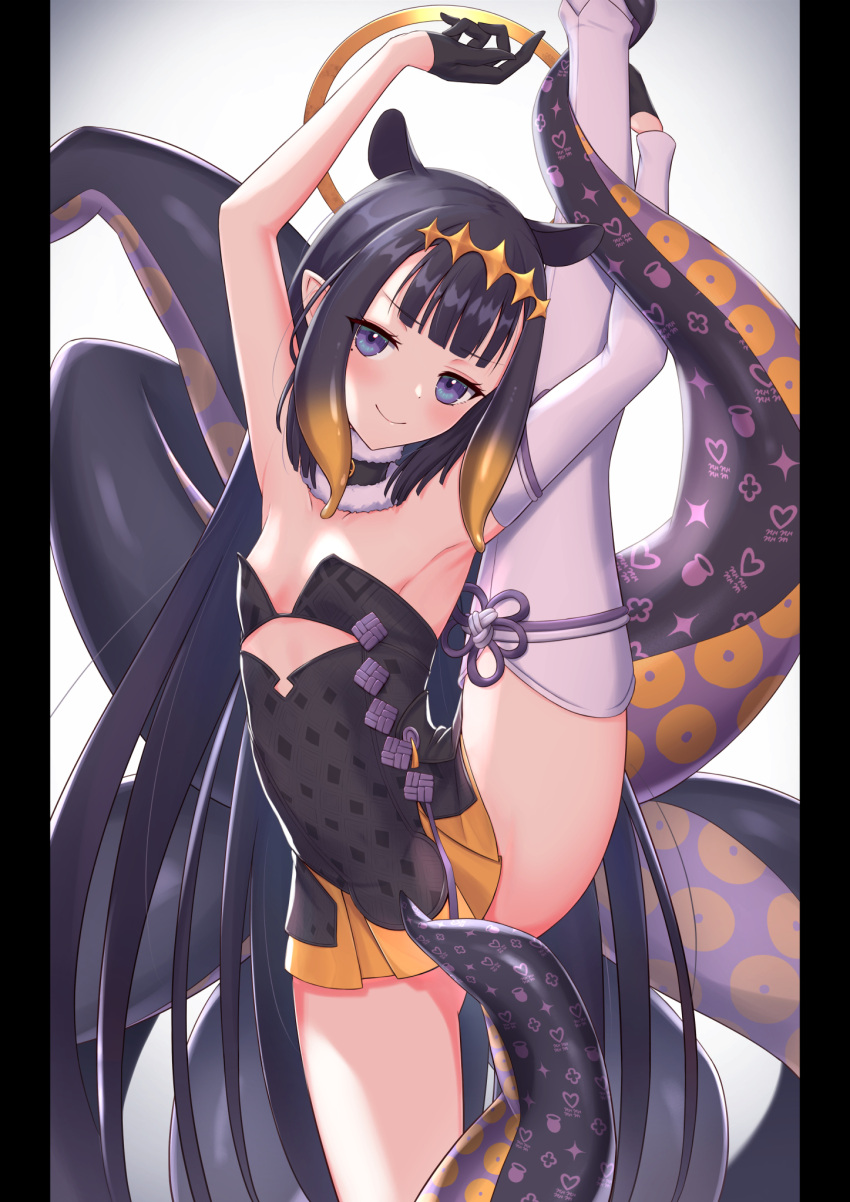 1girl, armpits, bangs, bare_shoulders, black_dress, black_gloves, blue_eyes, blunt_bangs