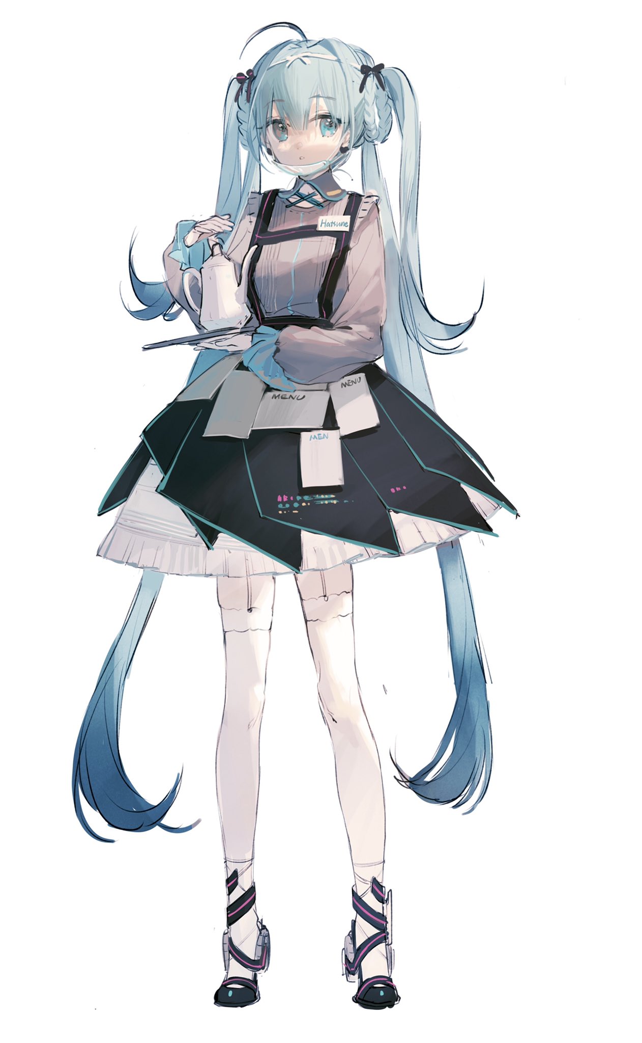 1girl, ahoge, alternate_costume, alternate_hairstyle, aqua_eyes, aqua_hair, black_footwear, braid
