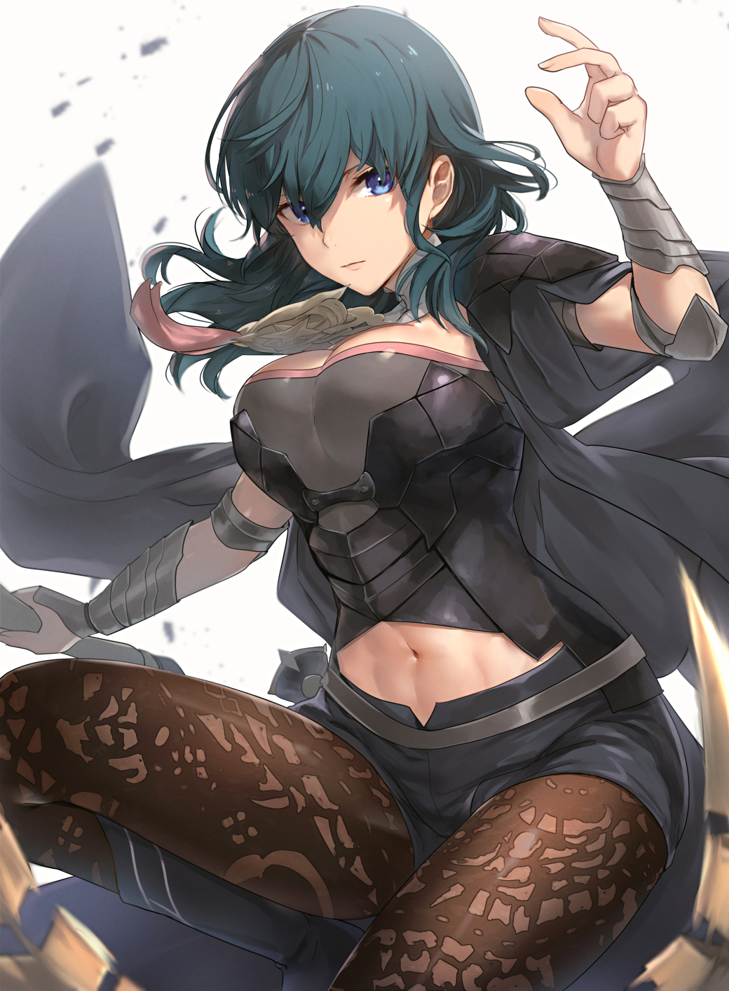 1girl, abs, arm_guards, bangs, black_coat, black_footwear, black_shorts, blue_eyes