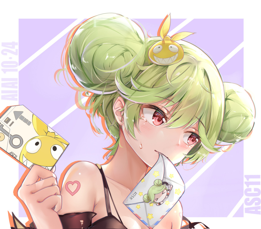 1girl, ai-chan_(honkai_impact), artist_name, asc11, bare_shoulders, blush, commentary_request, dated, double_bun, green_hair, hair_between_eyes, hair_ornament, heart, heart_tattoo, highres, homu_(honkai_impact), honkai_(series), honkai_impact_3rd, letter, looking_away, looking_to_the_side, mouth_hold, red_eyes, solo, tattoo, tearing_up, upper_body