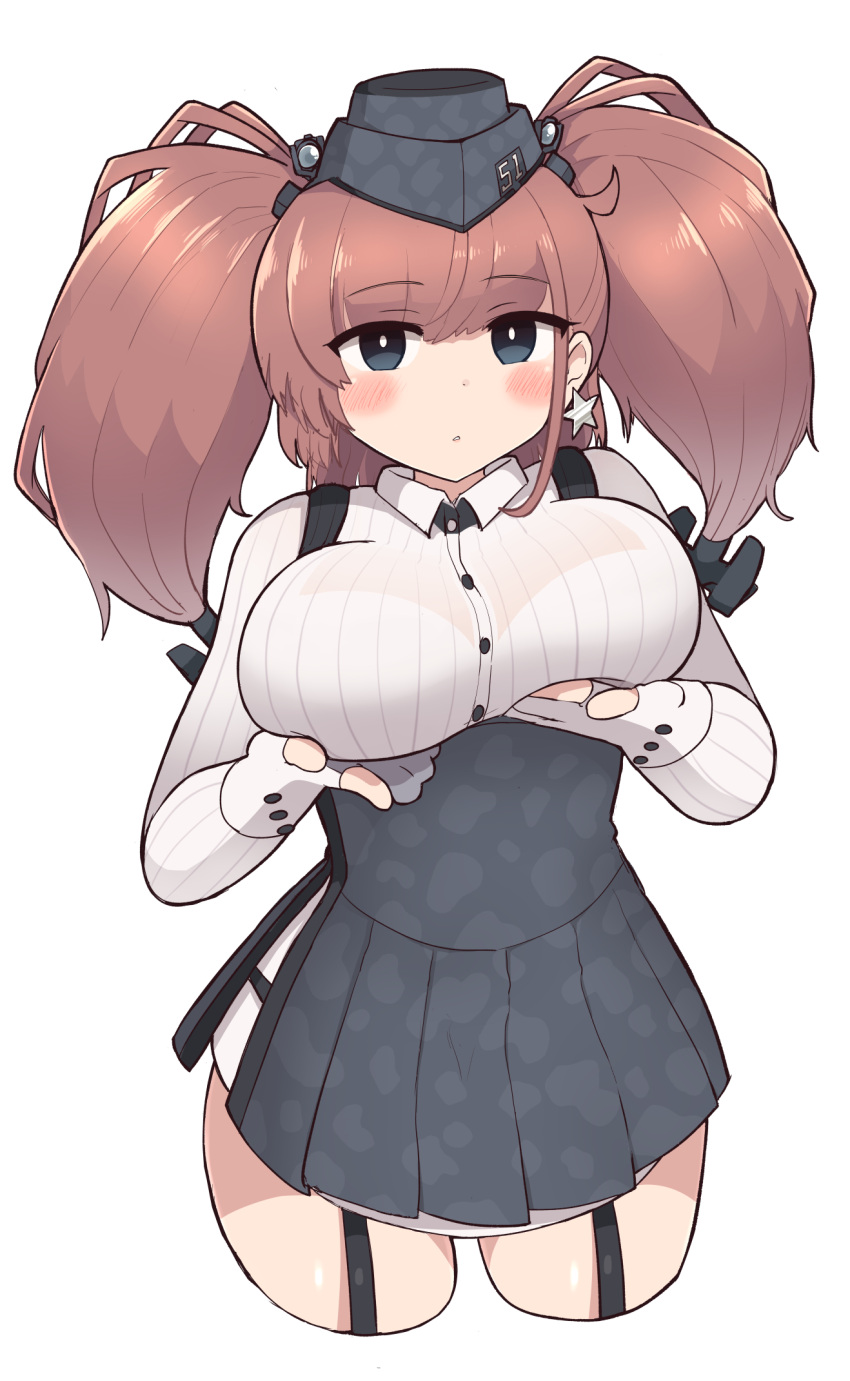 1girl, anchor_hair_ornament, atlanta_(kantai_collection), black_headwear, black_skirt, breast_lift, breasts, brown_hair