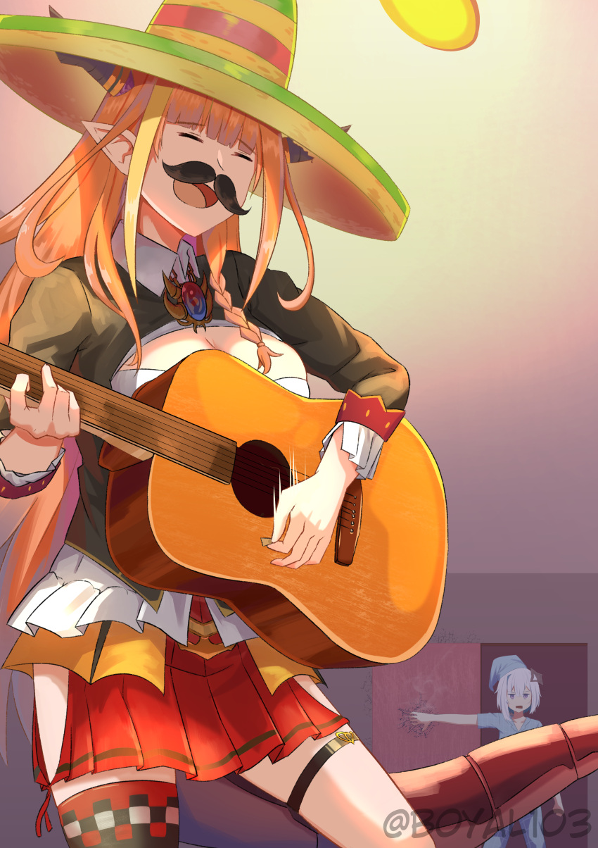 2girls, absurdres, acoustic_guitar, amane_kanata, bow, boyal, closed_eyes, diagonal-striped_bow
