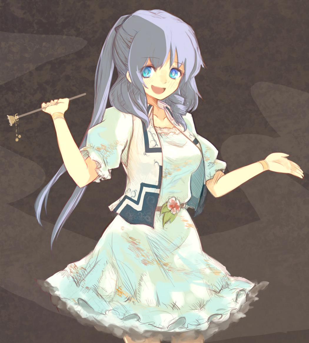 1girl, :d, alternate_hairstyle, aqua_dress, belt, blue_eyes, blue_hair, blush