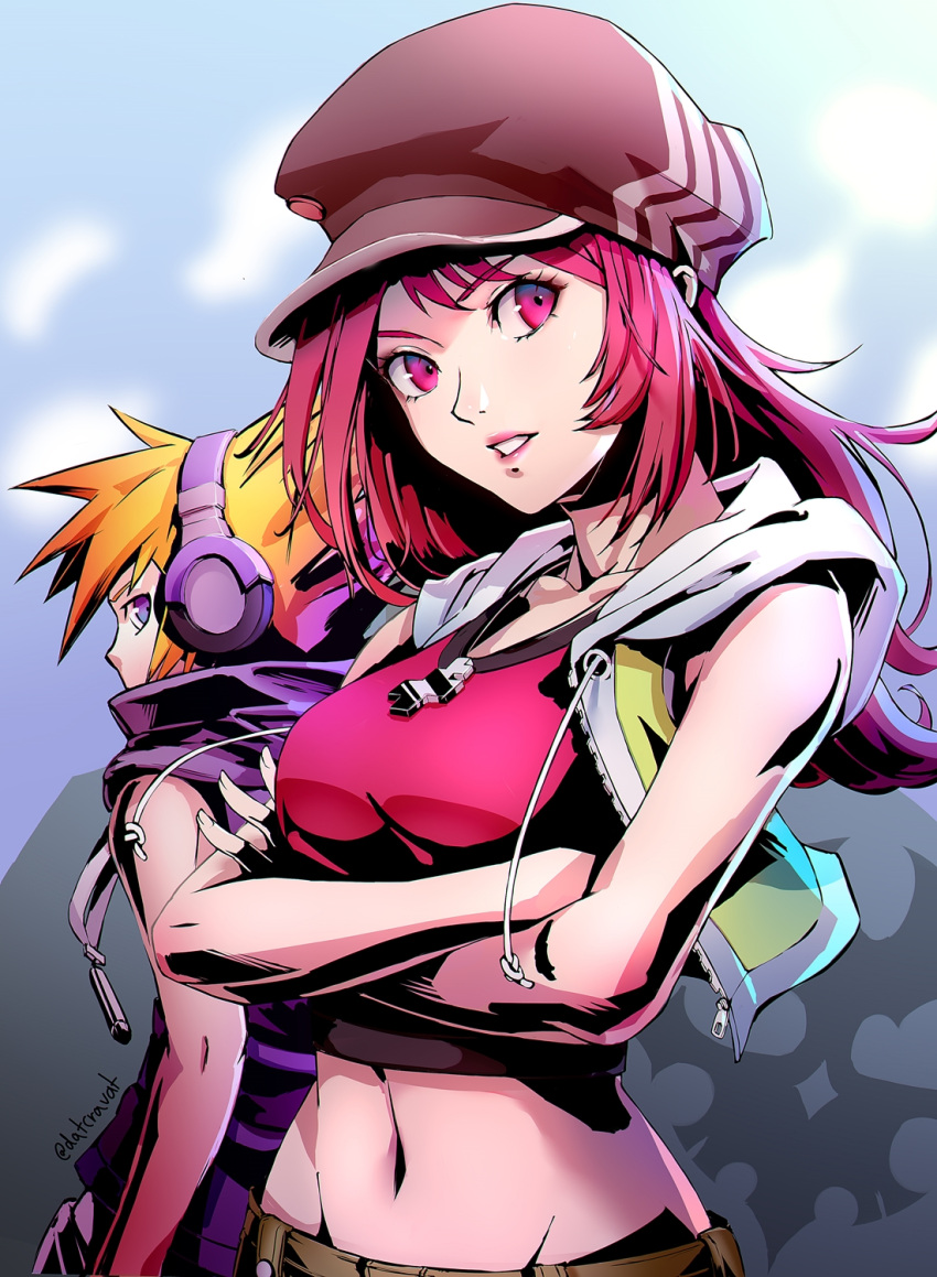 1boy, 1girl, datcravat, hat, highres, long_hair, looking_at_viewer, looking_back, midriff, misaki_shiki, pink_eyes, pink_hair, purple_headphones, sakuraba_neku, subarashiki_kono_sekai