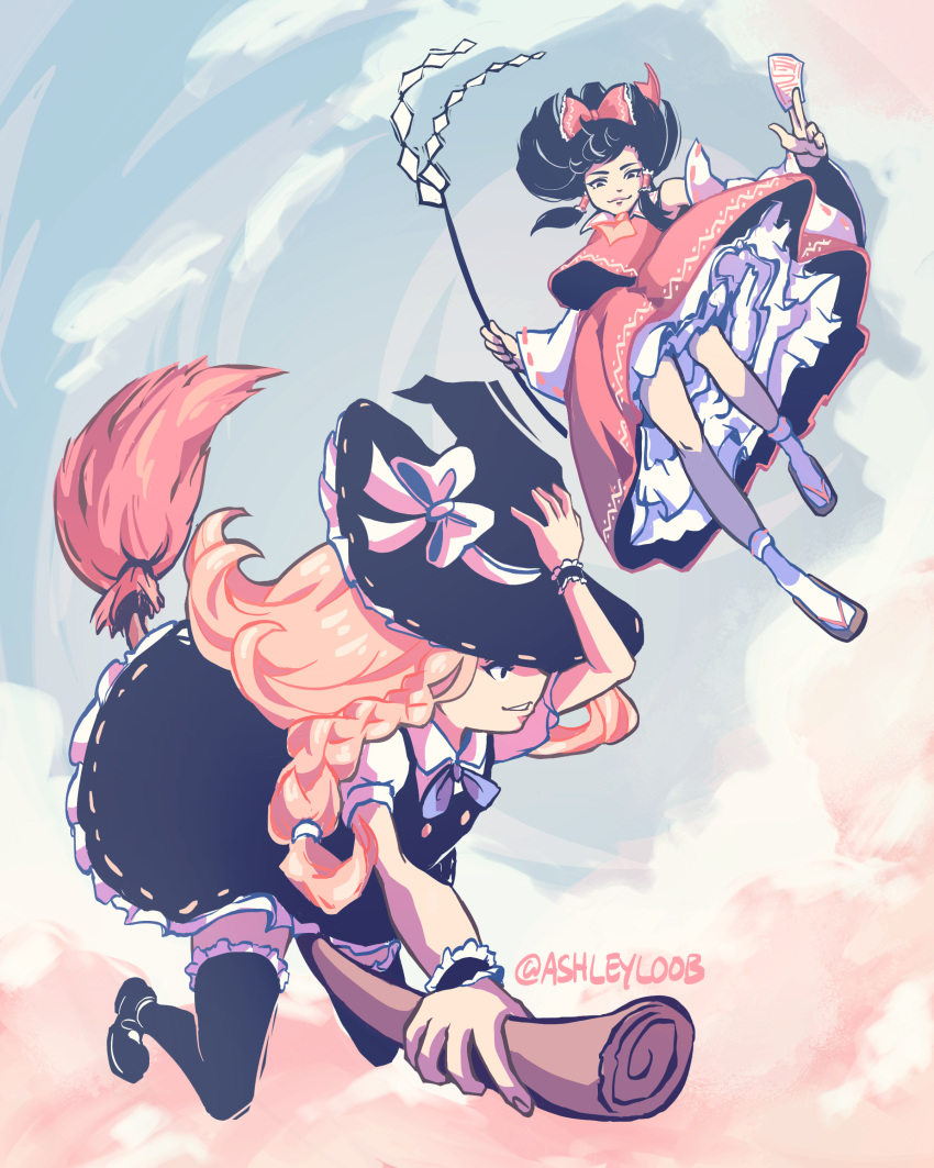 2girls, absurdres, artist_name, ascot, ashleyloob, black_dress, black_footwear, black_hair