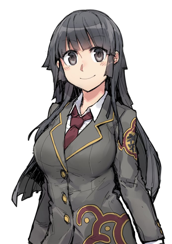 1girl, bangs, black_hair, blush, breasts, buttons, collared_shirt, eyebrows_visible_through_hair