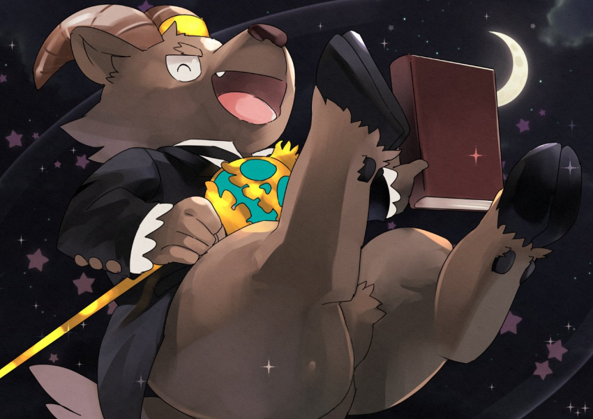 1boy, ^_^, animal_ears, book, closed_eyes, creature, crescent_moon, fang