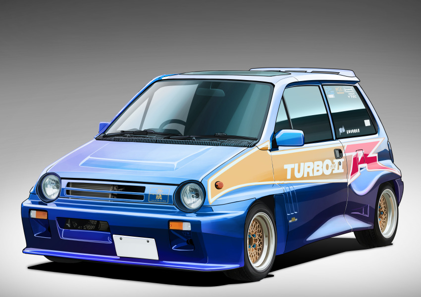 3books, absurdres, car, gradient, gradient_background, ground_vehicle, headlight, highres, honda, license_plate, motor_vehicle, no_humans, original, solo, vehicle_focus, wheel