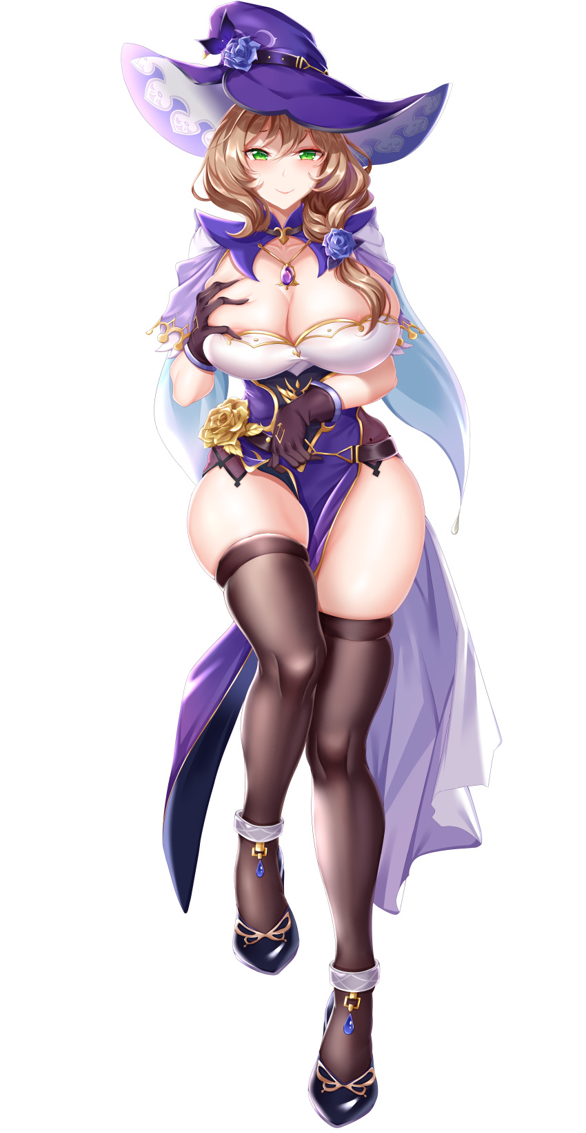 1girl, absurdres, black_footwear, black_legwear, blonde_hair, breasts, brown_gloves, dress