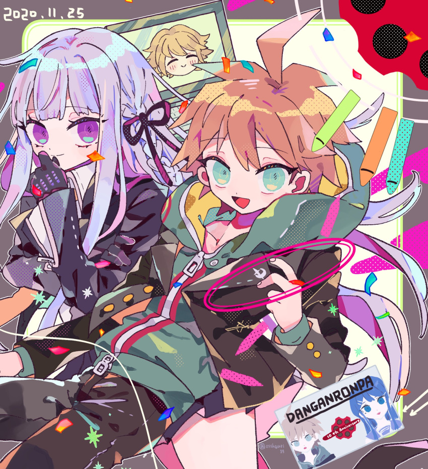 2boys, 2girls, ^_^, ahoge, alter_ego, bangs, bare_legs, black_gloves