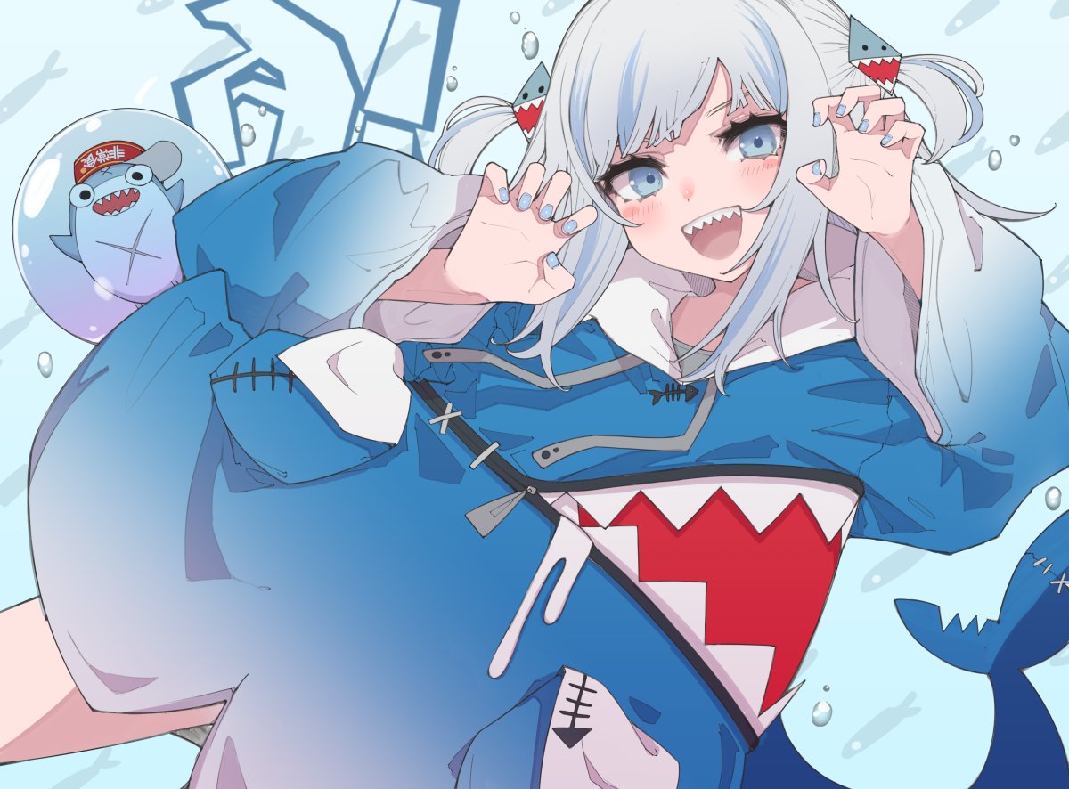 1girl, 510ksk, :d, animal_hood, blue_eyes, blue_nails, blush, bubble