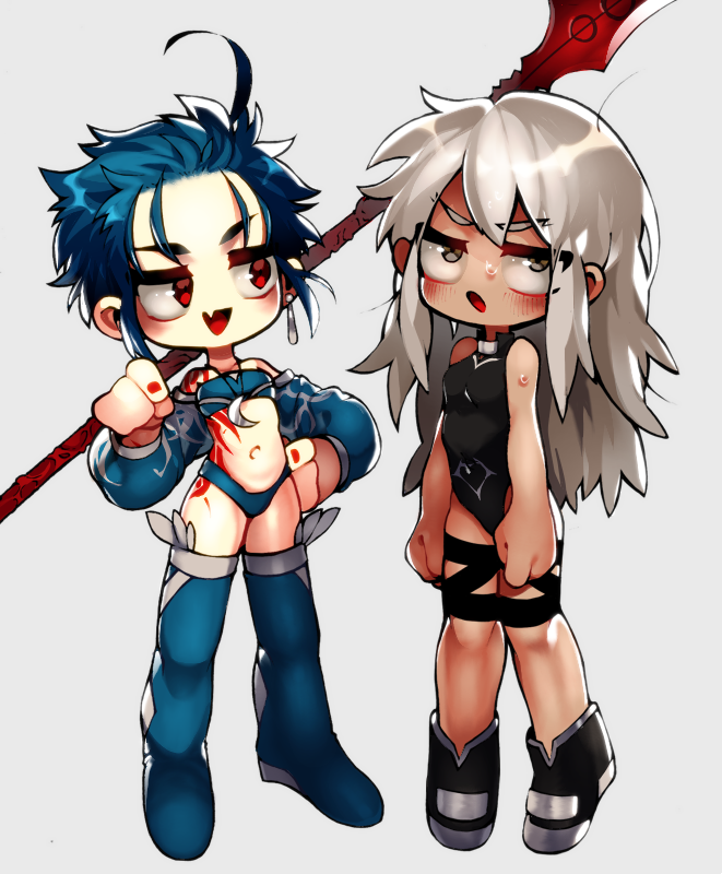 2girls, :d, abara_chiita, ahoge, alternate_hair_length, alternate_hairstyle, archer, bandeau