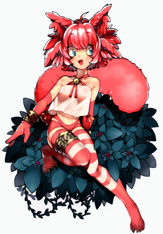 1girl, :d, abara_chiita, animal_ears, bell, blue_eyes, bracelet, character_request, copyright_request, elbow_gloves, full_body, gloves, jewelry, jingle_bell, looking_to_the_side, messy_hair, navel, open_mouth, panties, pink_gloves, pink_hair, pink_panties, shiny, shiny_hair, shirt, short_hair, simple_background, sleeveless, sleeveless_shirt, smile, solo, striped, striped_legwear, tail, thigh-highs, underwear, white_background, white_shirt
