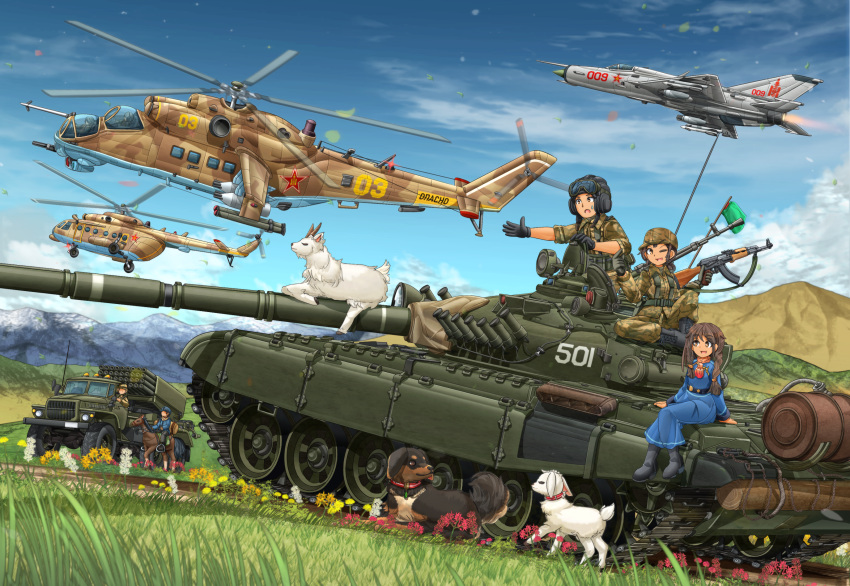 1boy, 2girls, aircraft, airplane, akm, assault_rifle, bangs, black_footwear