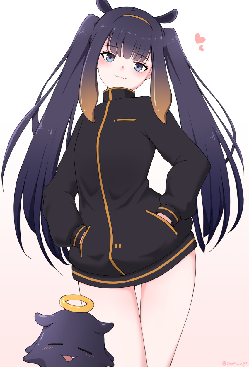 1girl, absurdres, alternate_costume, alternate_hairstyle, ass_visible_through_thighs, bangs, black_jacket, blue_eyes, blunt_bangs, blush, chain's, eyebrows_visible_through_hair, fang, fang_out, gradient, gradient_background, hairband, halo, hands_in_pockets, heart, highres, hololive, hololive_english, jacket, long_hair, long_sleeves, looking_at_viewer, mole, mole_under_eye, multicolored_hair, ninomae_ina'nis, purple_hair, simple_background, smile, solo, standing, tako_(ninomae_ina'nis), tentacle_hair, tentacles, thigh_gap, twintails, twitter_username, virtual_youtuber, yellow_hairband