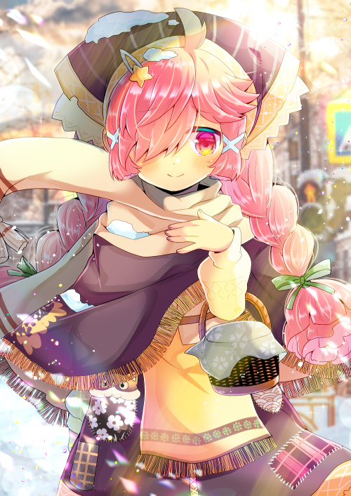 1girl, ahoge, bangs, basket, black_headwear, black_skirt, blurry, blurry_background