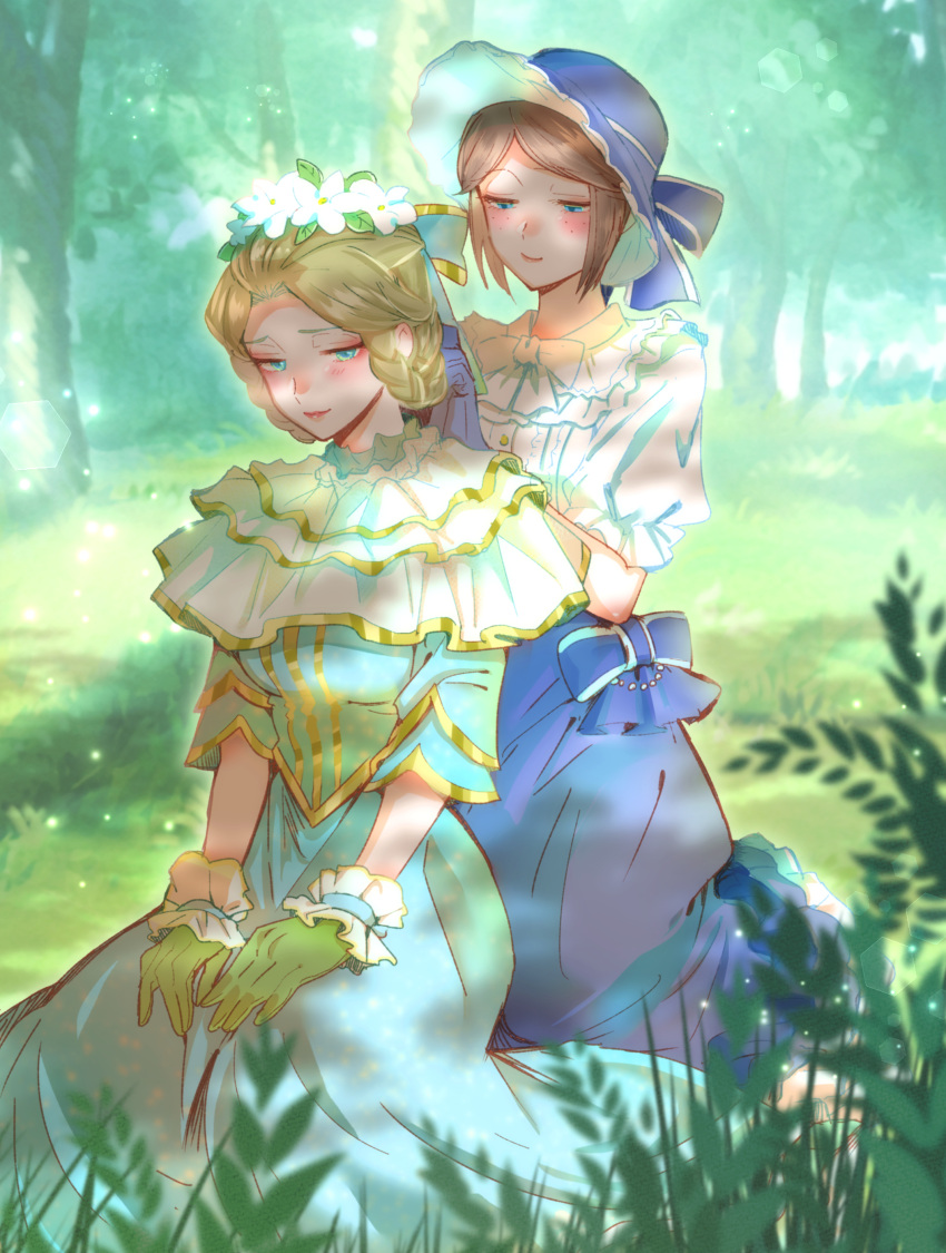 2girls, absurdres, blonde_hair, blue_headwear, blue_skirt, bow, braid, brown_hair, day, dress, emily_dyer, emma_woods, gloves, grass, green_gloves, hat, head_wreath, highres, identity_v, kneeling, multiple_girls, outdoors, robveil, sitting, skirt, tree, white_bow