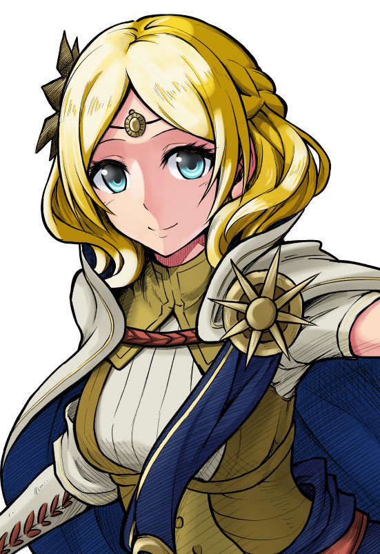 1girl, badge, blonde_hair, blue_eyes, braid, breasts, cape, circlet