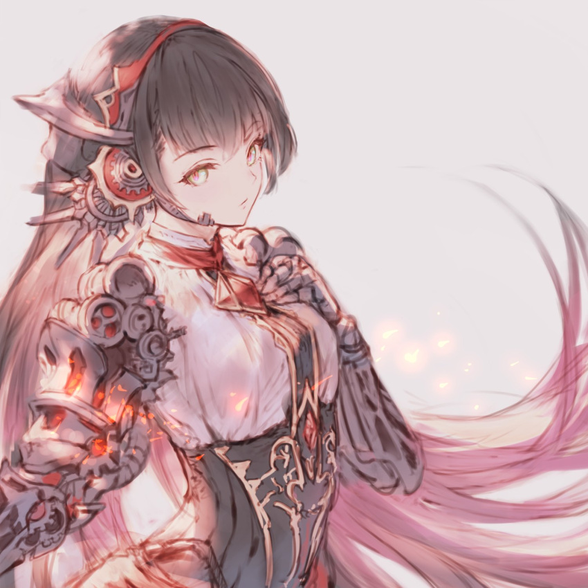1girl, android, armor, bangs, black_hair, breasts, closed_mouth, dress