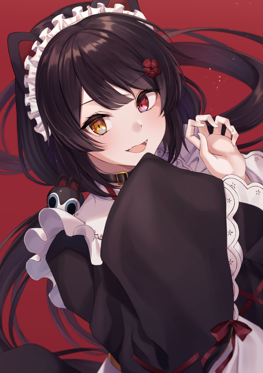 1girl, animal_ears, apron, bangs, black_collar, black_hair, black_kimono, brown_eyes