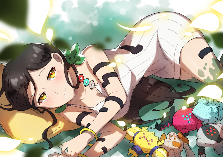 1girl, bare_shoulders, blush, bracelet, breasts, brown_hair, character_doll, closed_mouth