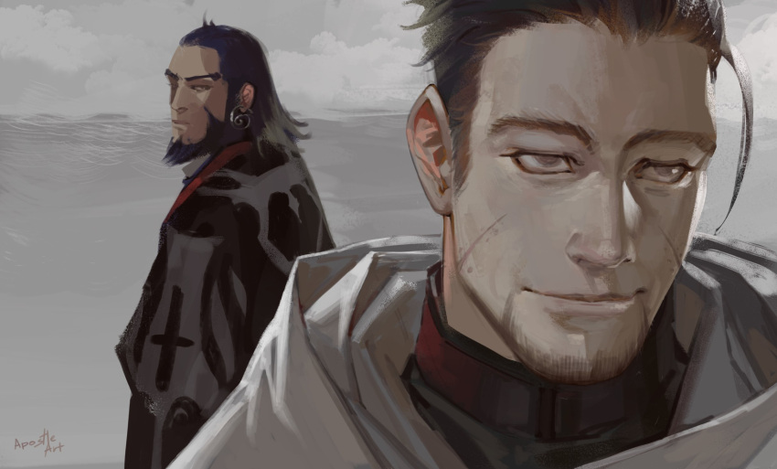2boys, ainu, ainu_clothes, apostle2408, beard, black_hair, cloak, earrings