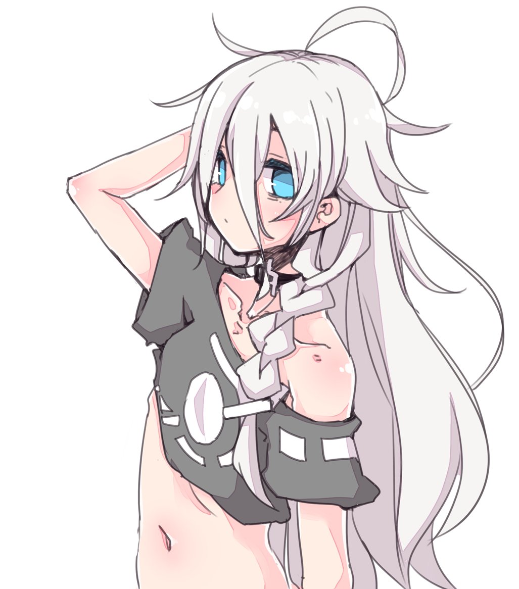 1girl, bare_shoulders, black_shirt, blue_eyes, breasts, cevio, commentary, crop_top, grey_hair, hair_between_eyes, hand_in_hair, hand_up, ia_(vocaloid), long_hair, looking_at_viewer, midriff, miri_(miri_1m), navel, off-shoulder_shirt, off_shoulder, shirt, solo, under_boob, upper_body, very_long_hair, vocaloid, white_background